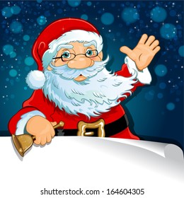 Santa Claus with horizontal blank paper and blue background label in which you can insert your own text-transparency blending effects and gradient mesh-EPS10