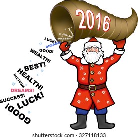 Santa Claus with the horn of abundance.  Happy New Year 2016. Vector illustration  isolated on with background. Concept for new year cards, tickets, branding, logo, label, background.