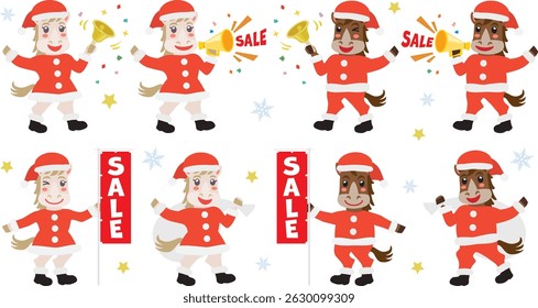 Santa Claus horse set with a megaphone and Christmas sale. Vector illustration.