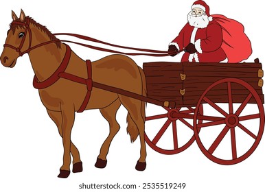 Santa Claus en Carrito tirado por caballos, estilo vaquero occidental. Arte e ilustración