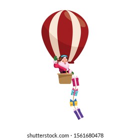 santa claus in a hot air balloon throwing gifts over white background, vector illustration