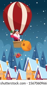 santa claus in a hot air balloon throwing gift boxes over houses and winter night background, colorful design , vector illustration