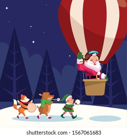 santa claus in a hot air balloon and christmas animals playing musical instruments over winter night background, colorful design , vector illustration