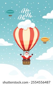 Santa Claus and The Hot Air Balloon with text ho ho ho. Festive poster for Christmas design. Vector illustration. Transportation concept 