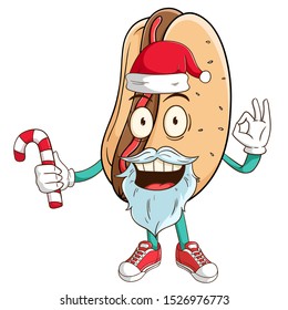 Santa Claus Of Hot Dog Cartoon Character, Holding A Candy With Funny Smile Face