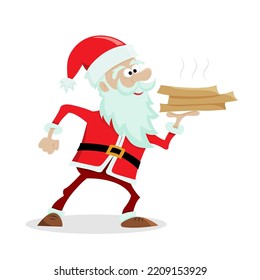 Santa Claus is hot pizza delivery man. Christmas character delivers food. Vector illustration.