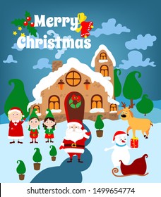 Santa Claus house close with Santa, wife, elves, snowman, deer and sled. Fairytale Christmas vector landscape with text Merry Christmas.