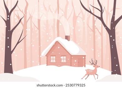 Santa Claus house in winter forest with cute reindeer surrounded by forest and snowdrifts. Christmas landscape of winter fairy-tale forest. Vector illustration for holiday design.