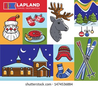 Santa Claus house and winter Lapland travel destination vector mittens and hat skis and deer fir or spruce and salmon dish food, and wooden building Christmas tree toys and sport equipment reindeer