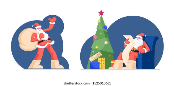 Santa Claus with Huge Bag Full of Presents on Run to Delivery Christmas Gifts to Kids. Santa Character in Festive Red Costume and Hat Read Letter Sitting at Xmas Tree. Cartoon Flat Vector Illustration