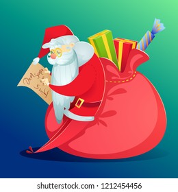  Santa Claus, with a huge bag of gifts, reads the letter. Vector illustration in cartoon style.