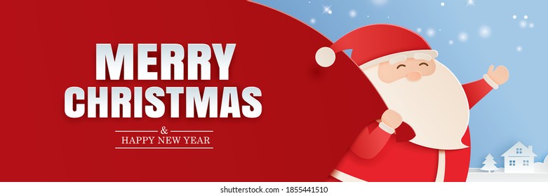 Santa claus and a huge bag of gifts with merry christmas and happy new year greeting card. Use for banner, poster, cover and all media.