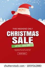 Santa claus and a huge bag of gifts with christmas sale promotion. Use for banner, poster, cover and all media.