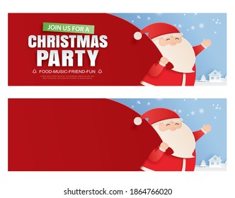 Santa claus and a huge bag of gifts with christmas party invitation card. Use for banner, poster, cover and all media.