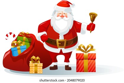 Santa claus with a huge bag of gifts and a bell. Cartoon character. For Christmas and New Year greeting cards, posters. Vector illustration.
