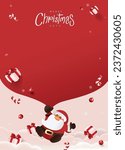 Santa Claus with a huge bag on the run to delivery christmas gifts at snow fall. Merry Christmas text Calligraphic Lettering Vector illustration. 