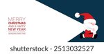 Santa Claus with a huge bag on the run to delivery christmas gifts at snow fall. Red Merry Christmas text on White. Dark blue Background