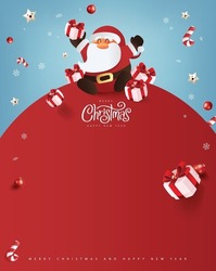 Santa Claus With A Huge Bag On The Run To Delivery Christmas Gifts At Snow Fall.Merry Christmas Text Calligraphic Lettering Vector Illustration. 