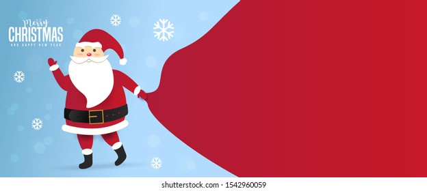 Santa Claus with a huge bag on the walk to delivery christmas gifts at snow fall.Merry Christmas text  Lettering Vector illustration.