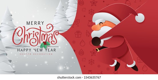 Santa Claus with a huge bag on the run to delivery christmas gifts at snow fall.Merry Christmas text Calligraphic Lettering Vector illustration. 