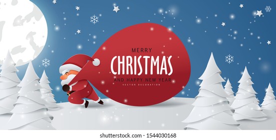 Santa Claus with a huge bag on the run to delivery christmas gifts at snow fall.Merry Christmas text Calligraphic Lettering Vector illustration. 