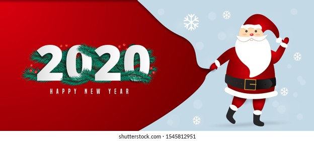 Santa Claus with a huge bag on the walk to delivery christmas gifts at snow fall. 2020 happy new year text  Lettering Vector illustration.