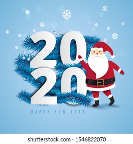 Santa Claus with a huge bag on the walk to deliver christmas gifts at snow fall.2020 and happy new year text Lettering Vector illustration.
