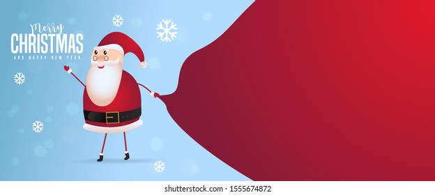 Santa Claus with a huge bag on the walk to delivery Christmas gifts at snow fall. Merry Christmas text Lettering Vector illustration.