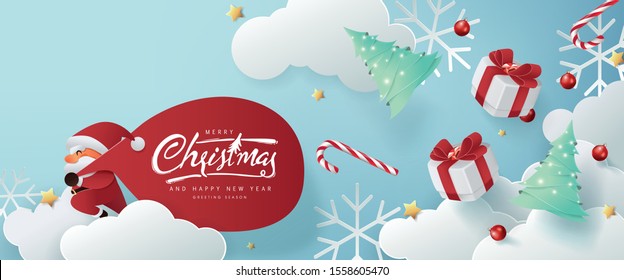 Santa Claus with a huge bag on the run to delivery christmas gifts on white cloud background.Merry Christmas text Calligraphic Lettering Vector illustration. 