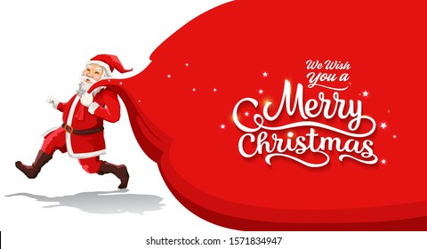 Santa Claus with a huge bag, on the run to, delivery christmas gifts isolated on white background