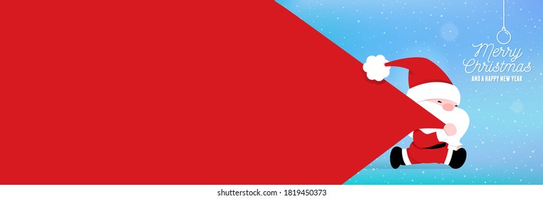 Santa Claus with a huge bag on the run to delivery christmas gifts at snow fall.Merry Christmas text Calligraphic Lettering Vector illustration