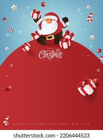 Santa Claus with a huge bag on the run to delivery christmas gifts at snow fall.Merry Christmas text Calligraphic Lettering Vector illustration. 