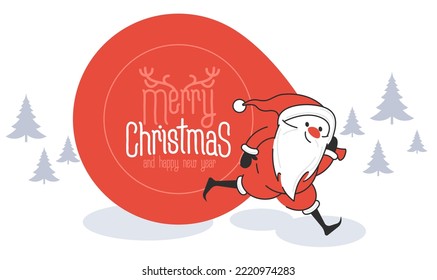 Santa Claus with a huge bag on the run to delivery christmas gifts. Flat design Merry Christmas vector greeting card an concept for banner, landing and mobile app.