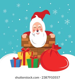 Santa Claus with a huge bag on the run to delivery christmas gifts at snow fall. Christmas carols for merry christmas card