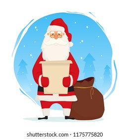 Santa Claus with huge bag with presents reading letter. Winter landscape. Merry Christmas vector illustration Greeting card.