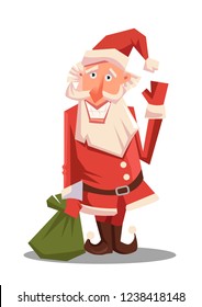 Santa Claus with huge green bag with presents. Red Santa hat. For Christmas and New Year posters.
