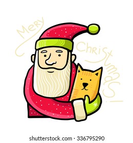 Santa Claus hugging a cat. Merry Christmas. Vector illustration.