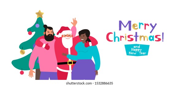 santa claus hugging man and woman merry christmas and happy new year
