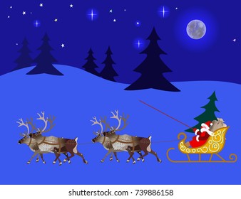 Santa Claus hurries to the children in his Christmas sleigh