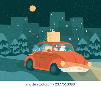 Santa Claus se lanza en un coche rojo para entregar regalos a los niños. Tarjeta de Navidad. Ciudad de noche. Ilustración vectorial plana.