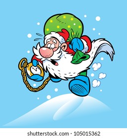 Santa Claus in a hurry for the holiday. Behind him a sack of presents, he looks at his watch