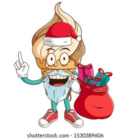 Santa claus of ice cream waffle cone cartoon character carry a bag full of gift box with funny smile face
