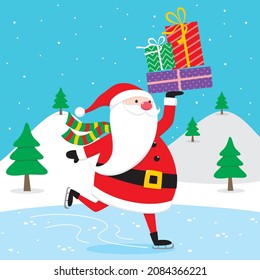 santa claus is ice skating with christmas gifts
