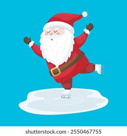 Santa Claus ice skating. Festive cartoon character for Christmas and winter holiday themes