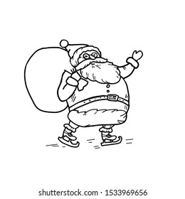 Santa Claus ice skating with gift bag. Hand drawn doodle christmas illustration. 