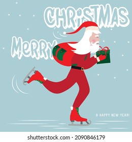 Santa Claus ice skating, vector graphic, Merry Christmas