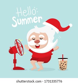 Santa Claus, iced bubble milk tea
and electric fan in summer. Holidays cartoon character. -Vector