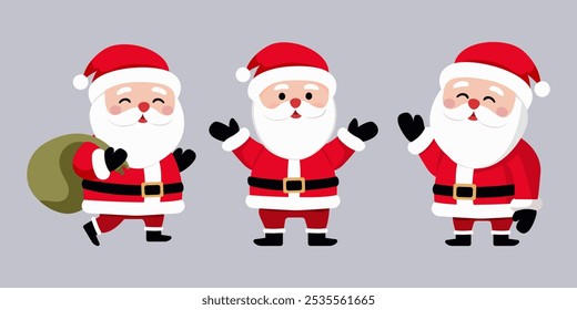 Icono de Santa Claus, personajes de Santa Claus en diferentes poses sobre fondo aislado, iconos festivos, Navidades adhesivas, figuras lindas. Ilustración vectorial