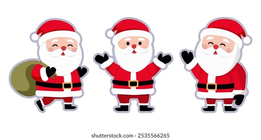 Icono de Santa Claus, personajes de Santa Claus en diferentes poses sobre fondo claro, íconos festivos, Navidades adhesivas, figuras lindas. Ilustración vectorial