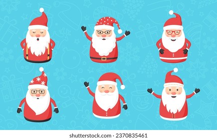 Santa Claus icon, Christmas cartoon character set on blue winter holiday pattern. Xmas background. Vector illustration